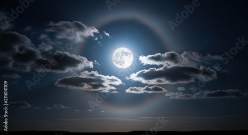 Full moon in the night sky with a lunar halo surrounded by clouds, creating a mystical and atmospheric celestial scene