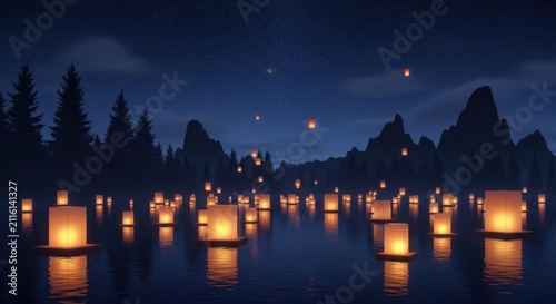 Floating paper lanterns on a calm lake at night with a starry sky and mountain silhouette in the background