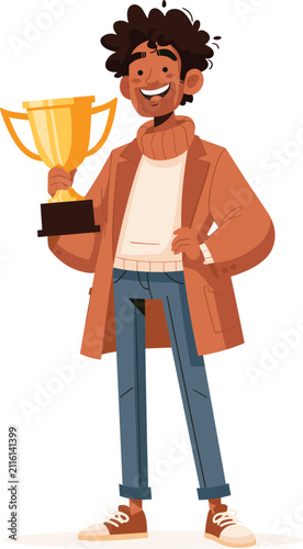 Obraz na płótnie Successful young man holding a golden trophy cup, happy winner character illustration