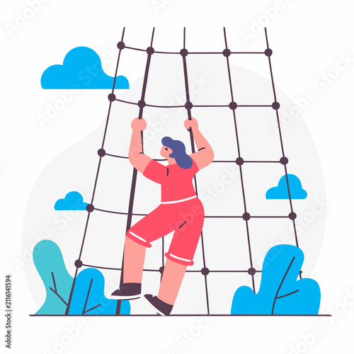 Young person climbing on a net structure in a green outdoor setting  