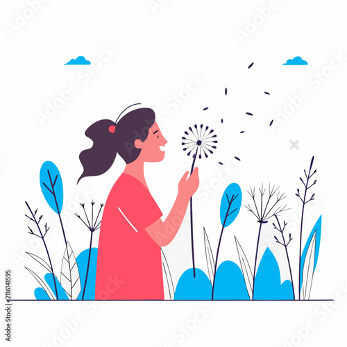 Young woman blowing dandelion seeds in a colorful outdoor setting  