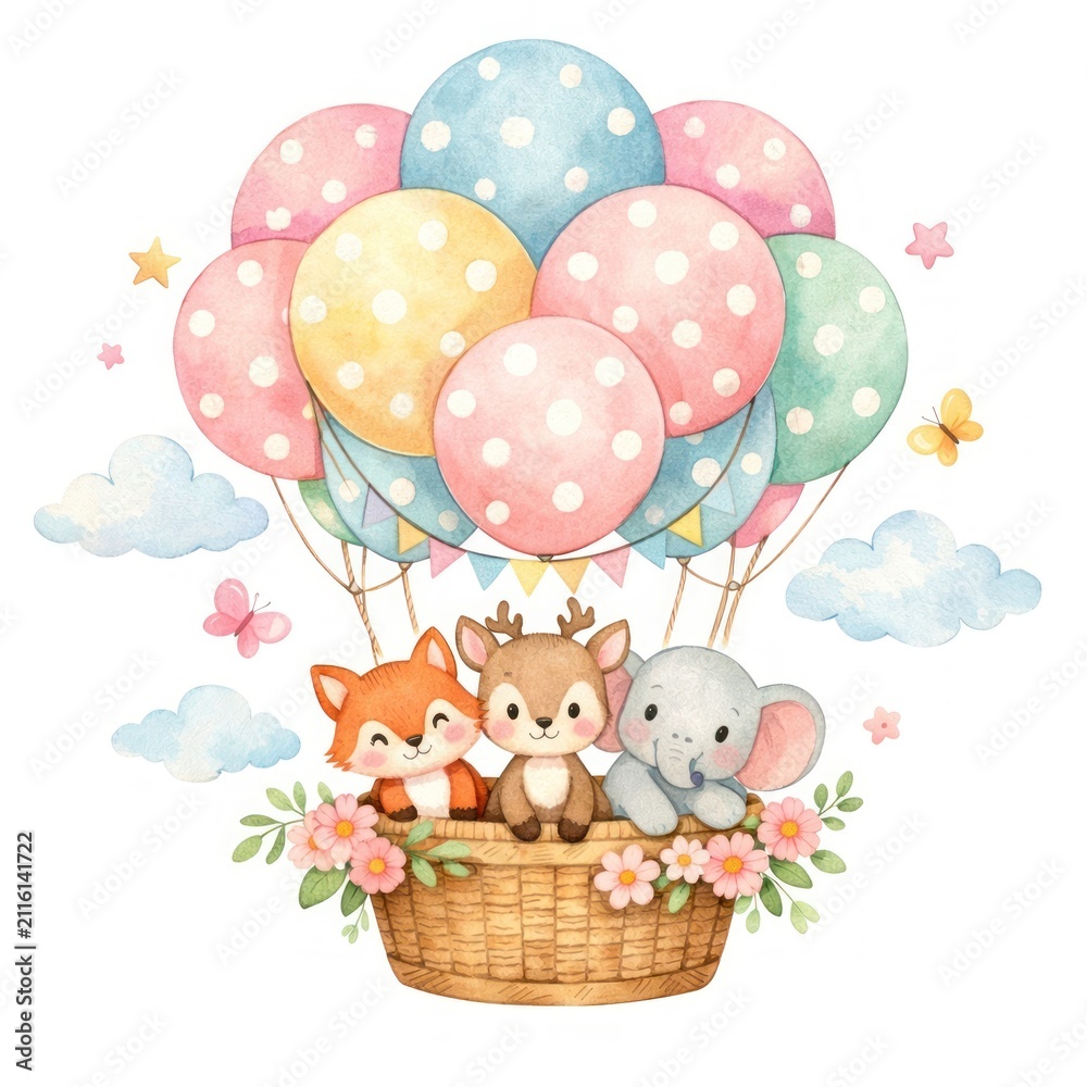 Fototapeta premium Whimsical animals in balloon basket.