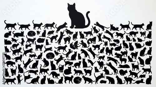 Many black cat silhouettes in a large group collection with one big cat sitting at the top representing a chaotic crowd of small feline animals in various poses and shapes design