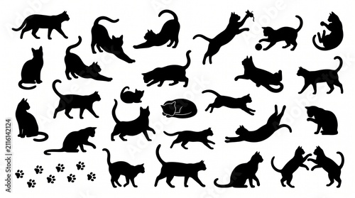Set of black cat silhouettes in various positions including walking sitting jumping sleeping and playing with cat paw prints for creative animal design projects and pet illustrations