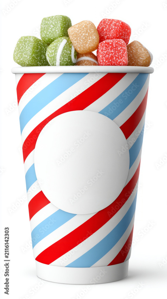 Obraz premium Colorful candy cup with striped design and assorted gumdrops
