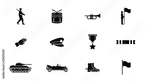 фотографія Military parade icons set with footwear against plain background silhouettes wit