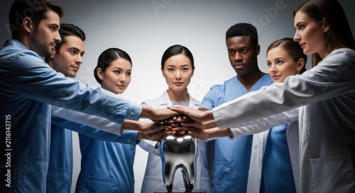 Diverse medical team united around a dental implant, symbolizing collaborative healthcare and innovation.
