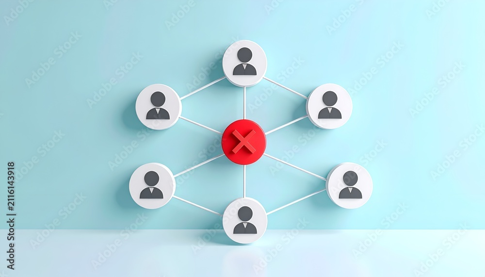Fototapeta premium Minimal social network diagram with central red blocked node connected to user icons, representing disconnection, security control, or restricted access.