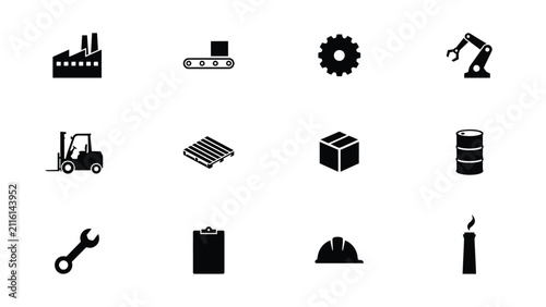 Modern industrial equipment and safety icons set in minimalist black with four three grid black white icons representing industrial machinery