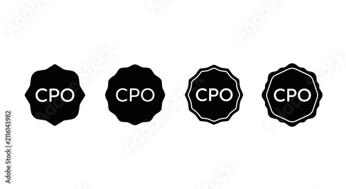 Abstract black shape with white letters CPO, graphic design element, modern minimalism