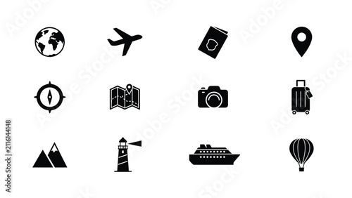 Minimalist travel adventure icons set with showcases collection twelve sleek silhouette icons representing against neutral background black white silhouette