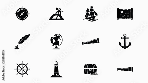 Vintage nautical exploration symbols black with rendered bold black white silhouette style against clean background