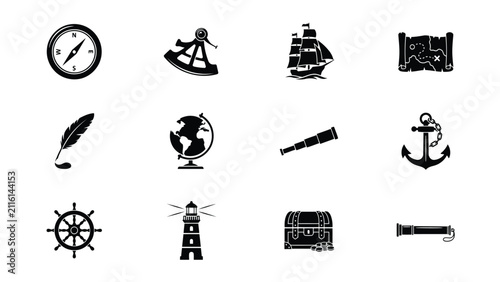 Vintage black and white navigation and adventure icon set with map with organized grid against neutral background adventure themed elements arranged clean