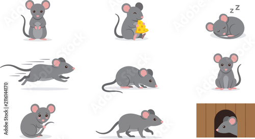  Set of cute cartoon grey mice in various poses and actions.