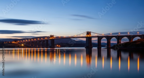 Obraz na płótnie Kessock Bridge at Dusk with Reflective Waters.