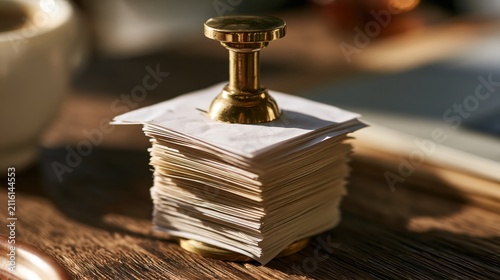 Neat pile of settled invoices pressed under a polished brass stamp in soft morning light on an office table