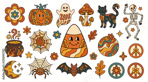 Quadro su tela Retro halloween clipart set featuring groovy pumpkin ghost skeleton black cat ca