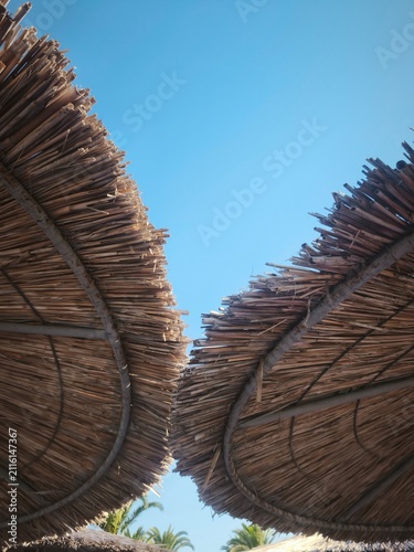 Minimalist Reed Beach Parasols Framing Calm Sea Horizon and Sunny Sky