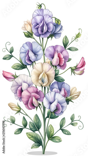 Close-up of a digitally painted bouquet of multi-colored sweet pea flowers