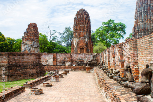 Photography Broken Buddha Statues at Historical Ruins of Wat Mahathat Temple in Ayutthaya Ancient Capital, Thailand