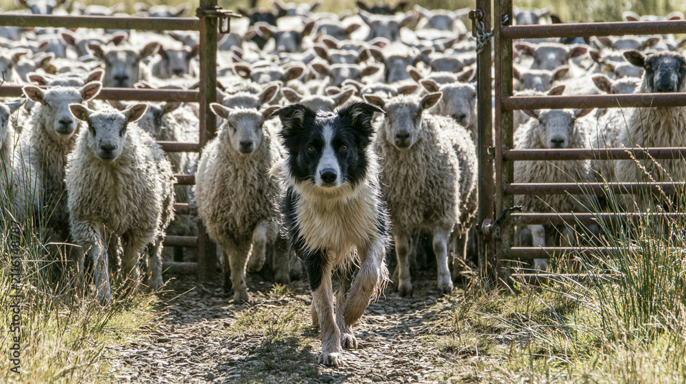 Obraz premium Rural Life: Adorable Collie Sheepdog Herding Livestock on Green Pastoral Countryside Farm