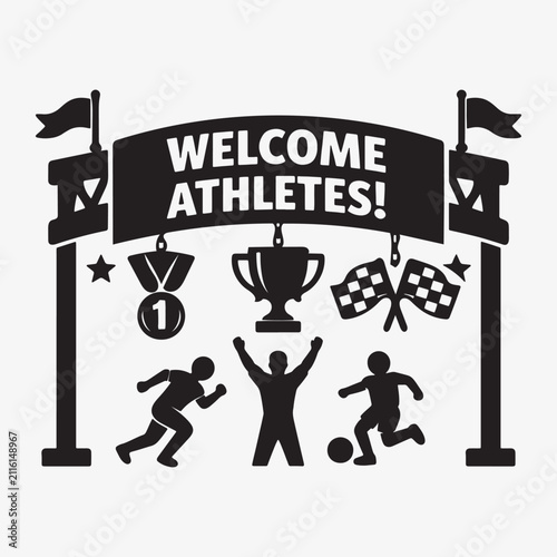 Welcome Athletes Silhouette Vector Icon Featuring Banner, Trophy, Medal, Flags, and Athlete Figures for Sports, Victory, and Commonwealth Projects