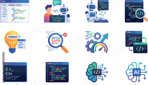 Foto AI Coding and Software Development Icon Set Featuring Machine Learning Code Opti
