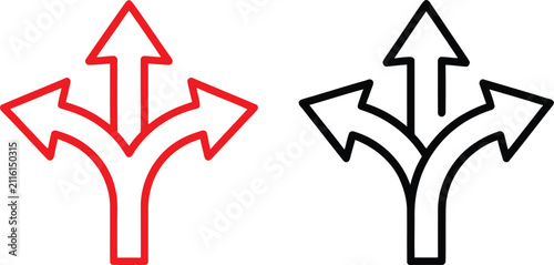 Fotografía Three directional arrows diverging in a split path during a decision process in