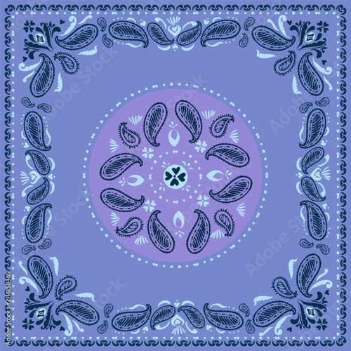 Paisley ornament background. Oriental decorative square decor border with round mandala on purple color. Vector illustration. For cards, poster, scarf, textile design.