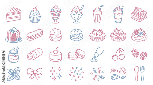 Fotografie A charming collection of pastel-colored desserts and sweet treats, including cakes, cupcakes, ice cream, pastries, and decorative elements, presented in a clean, minimalist line art style