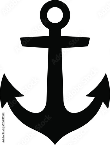 Black anchor icon isolated on white. Nautical symbol for maritime travel and sea navigation.