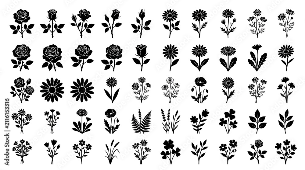 Fototapeta premium Collection of Black Floral Silhouettes on White Background