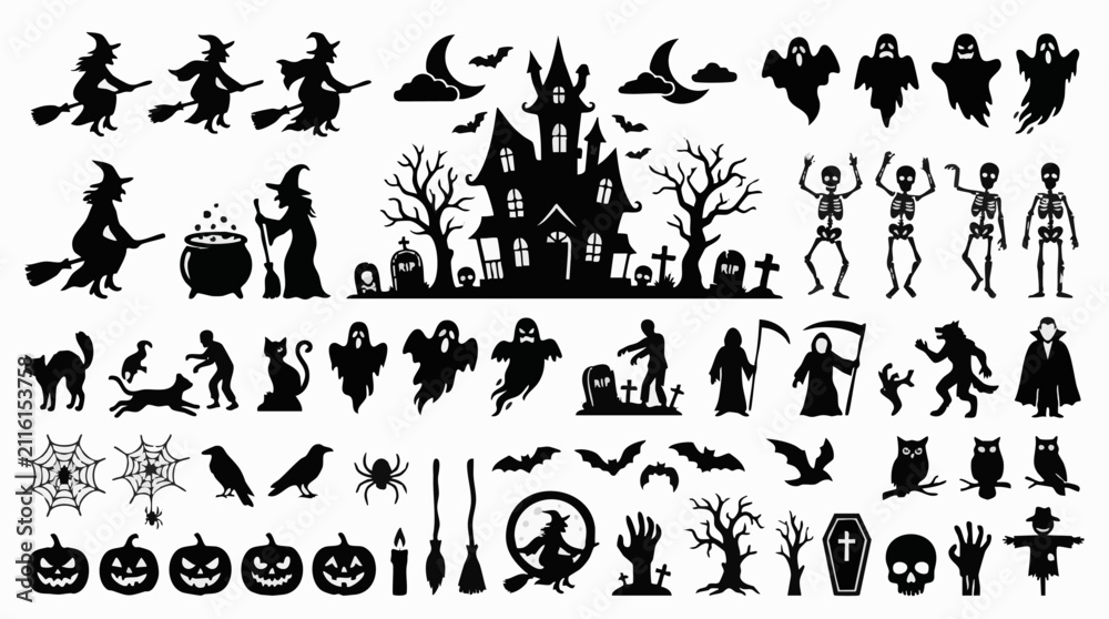 Obraz premium Collection of black halloween silhouettes, including haunted house, witches, ghosts, skeletons, pumpkins, bats, and spooky graveyard