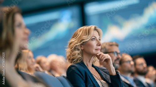 Attentive business audience listening to keynote presentation during professional conference in modern auditorium