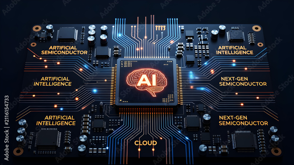 Fototapeta premium Advanced Artificial Intelligence AI Processor on Futuristic Semiconductor Circuit Board with Digital Computing and Neural Technology Background