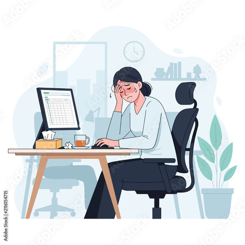 Overwhelmed Employee Suffering From Work Stress Desk And Computer