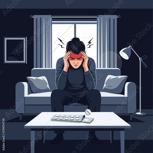 Overwhelmed Man Experiencing Migraine Pain Sitting on Sofa With Medication Nearby