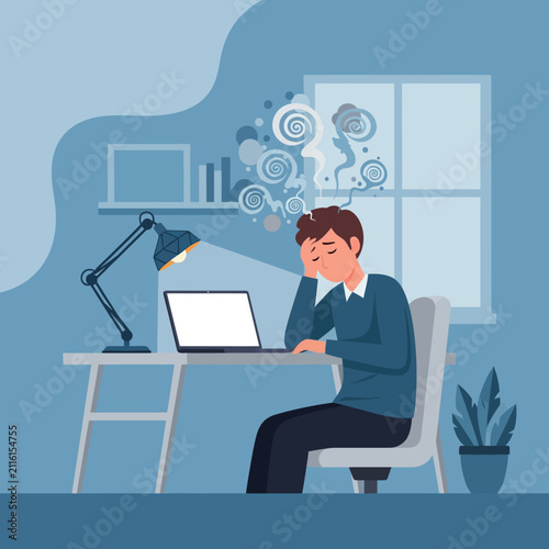 Overwhelmed Man Struggling With Work And Mental Stress At Desk