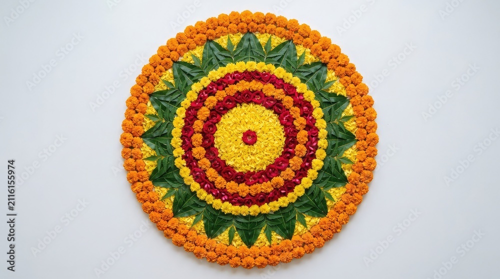 Fototapeta premium Beautiful circular floral rangoli design made with colorful fresh flower petals for indian festival decoration