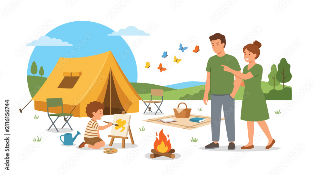 Fototapeta premium A happy family enjoys a camping trip outdoors, with a child painting while parents watch colorful butterflies near their yellow tent.