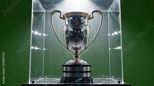 Shiny silver championship trophy inside glass display case on marble pedestal for sports victory and achievement concept