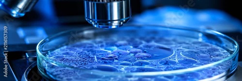 Microscope examining living cells in a laboratory petri dish, biology, research website banner