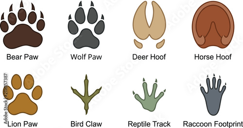 Animal Footprint and Track Icon Set with Bear Wolf Deer and Bird Prints Labeled