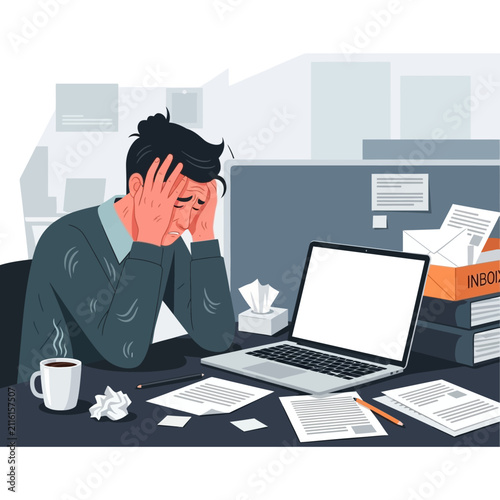 Overwhelmed Businessman Depressed At His Messy Desk Amidst Paperwork And Laptop Computer