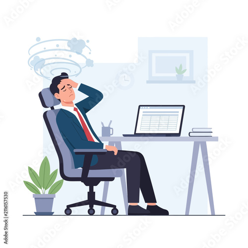 Overwhelmed Businessman Dizzy At Desk Exhausted Office Worker Feeling Burnout Vivid Illustration