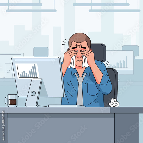 Overwhelmed Businessman Crying At His Office Desk Feeling Stress And Despair
