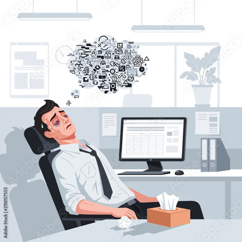 Overwhelmed Businessman Exhausted In Office Thinking Of Workload And Tasks