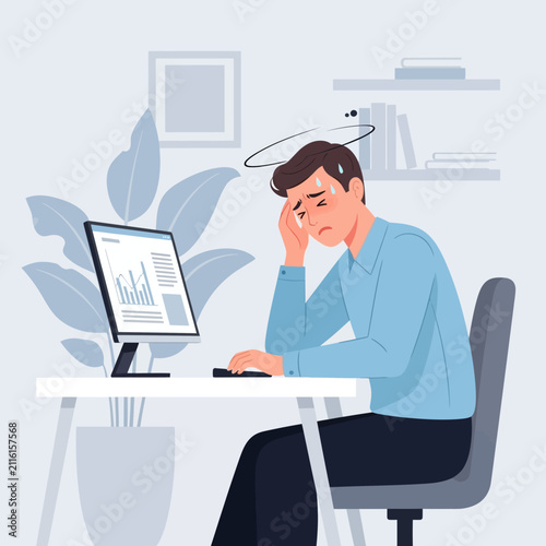 Overwhelmed Businessman Experiencing Burnout Sitting At His Desk