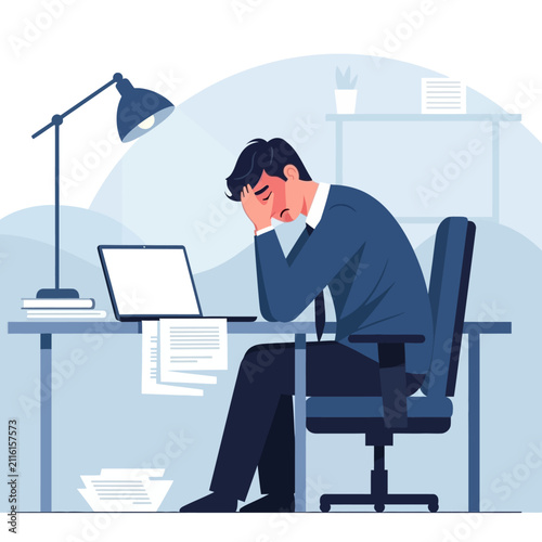 Overwhelmed Businessman Experiencing Burnout At His Desk