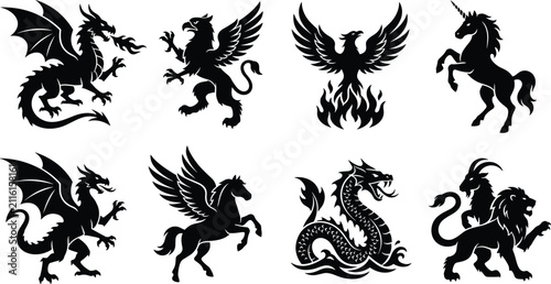 Mythical Creature Silhouette Collection with Dragon Griffin Phoenix Unicorn Pegasus and Sea Serpent